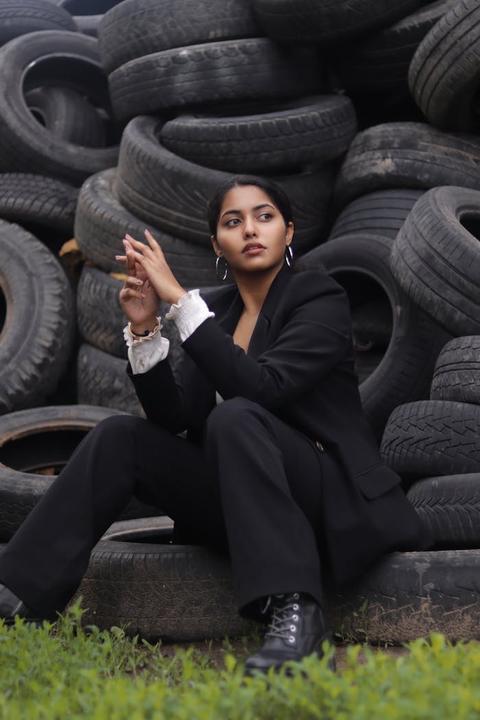 Woman in black blazer sitting against a backdrop of stacked tires, looking contemplative.